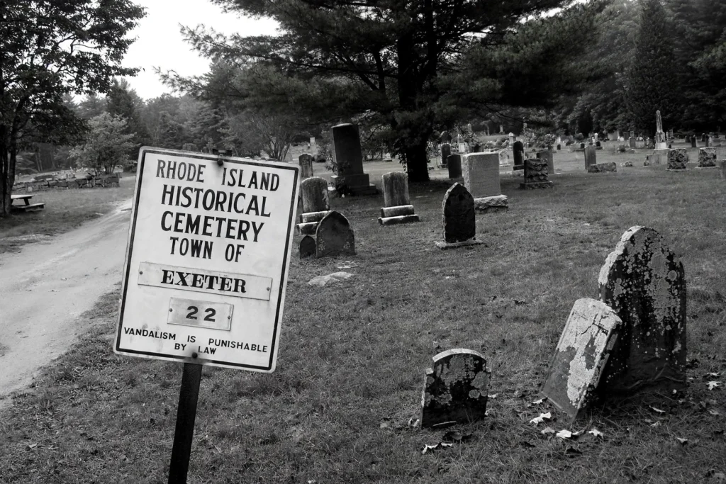 Historic marker and gravestones at Chestnut Hill Cemetery, Exeter, Rhode Island